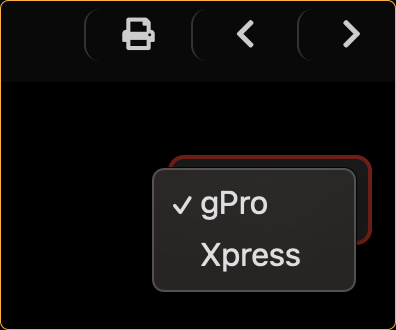 gPro and xPress model versions dropdown